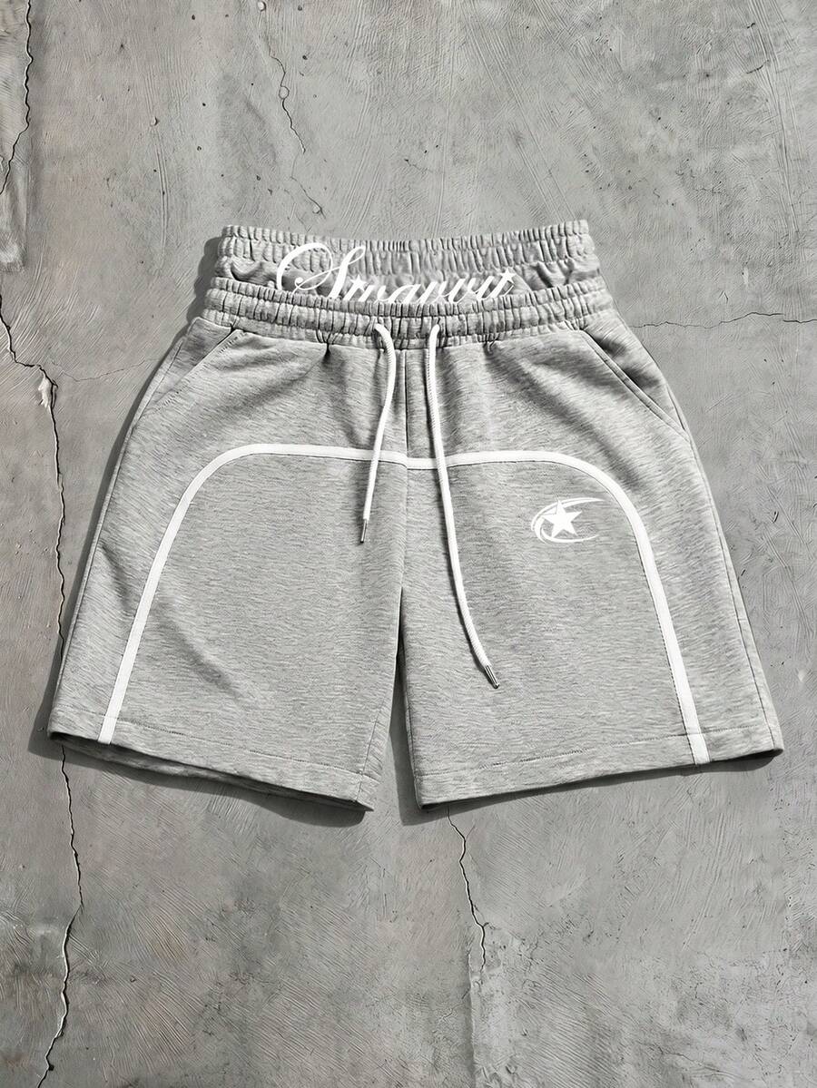 AXEPEAK Herren Sommer Lässig Modische Straßen Pendler Shorts mit doppeltem Bund, Kordelzug Taille, Buchstaben- und Stern-Muster, Kontrastsaum - Grau - Übersicht 1