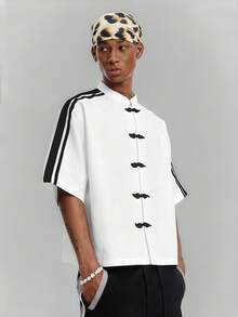 PAVTROS Camisa de manga corta con cuello Mao, cinta de contraste y botones a presión, estilo chino para hombres - Blanco - Ver 6