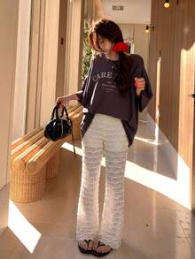 DAZY Women's Niche Lace Patchwork Design Flared Leg Pants - White - View 5