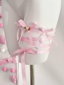 SHEIN Lace Patchwork Bow Leg Garter - Pink - View 7