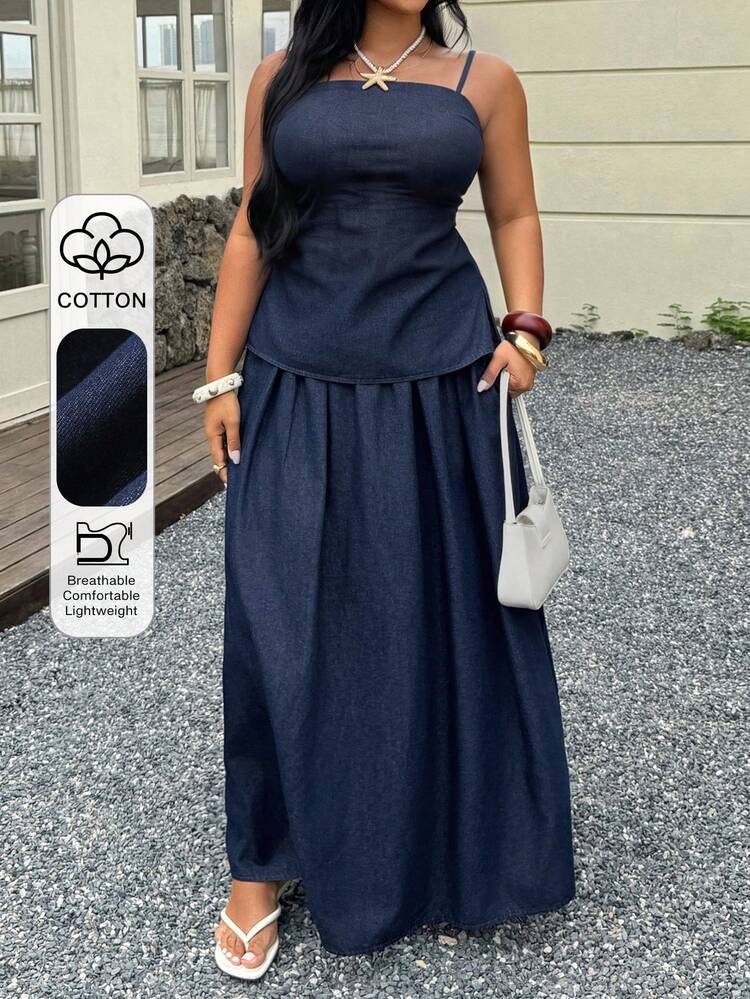 Dazy Plus Dark Washed Western Denim 2-Piece Set, Fitted Camisole Top And A-Line Long Denim Skirt, Casual Resort Style, Plus Size Women, Spring/Summer