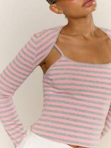MUSERA Conjunto de dos piezas de bolero a rayas y top camiseta elegante, casual, de vacaciones, lindo estilo Y2K para primavera y verano - Multicolor - Ver 2