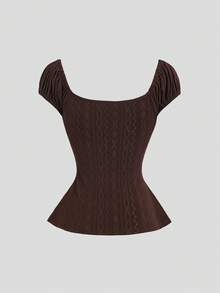 Sweetra Women's Lace Patchwork Front Tie Raglan Sleeve T-Shirt - Brown - View 2