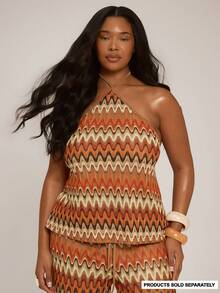 MUSERA Plus Size Striped Crochet Knit Halterneck Top Only Spring Summer Vacation Beach Elegant Boho Swim Ibiza Tropic Heat Orange - Multicolor - View 1