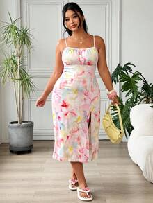 SHEIN EZwear 大码优雅印花开衩吊带连衣裙，夏季 - 彩色 - 查看 3