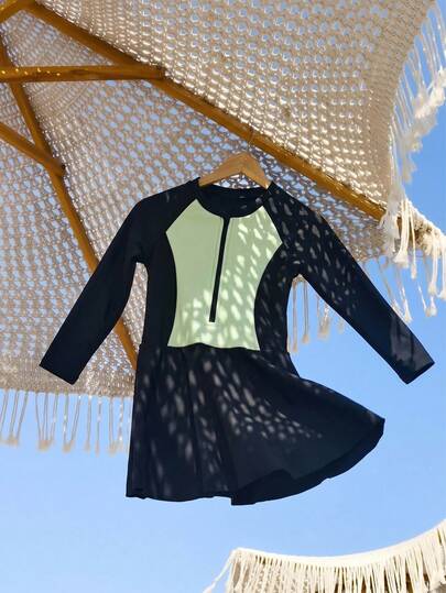 DAZY Baby Girls' Long Sleeve Contrast Color Swimsuit