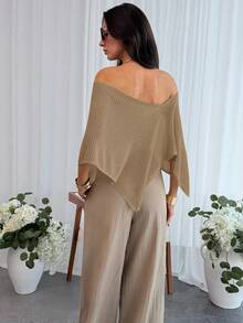 Aloruh Áo khoác ngoài dáng rộng, thanh lịch phong cách Bohemian dành cho nữ, kiểu trễ vai, vạt áo bất đối xứng, chất liệu dệt kim, thích hợp cho kỳ nghỉ. - Lạc đà - Xem 2