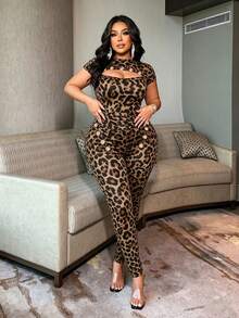 NU&NOW Sexy Hollow Out Design Peep Toe Splice Black Plus Size Jumpsuit - Brown - View 3