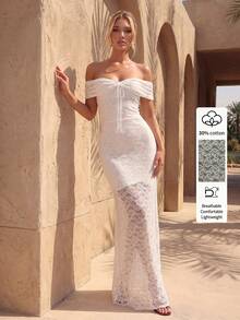 SHEIN Allurite Đầm ren cotton trắng thanh lịch cao cấp, trang phục dự tiệc, trang phục đi xem hòa nhạc, trang phục đi hộp đêm, trang phục hẹn hò, thời trang hoa, đầm hè nữ, đầm dự đám cưới, đầm lãng mạn, đầm hè, đầm thời trang, trang phục đi chơi, đầm trễ vai, trang phục sinh nhật, phong cách du lịch nghỉ dưỡng - trắng - Xem 1