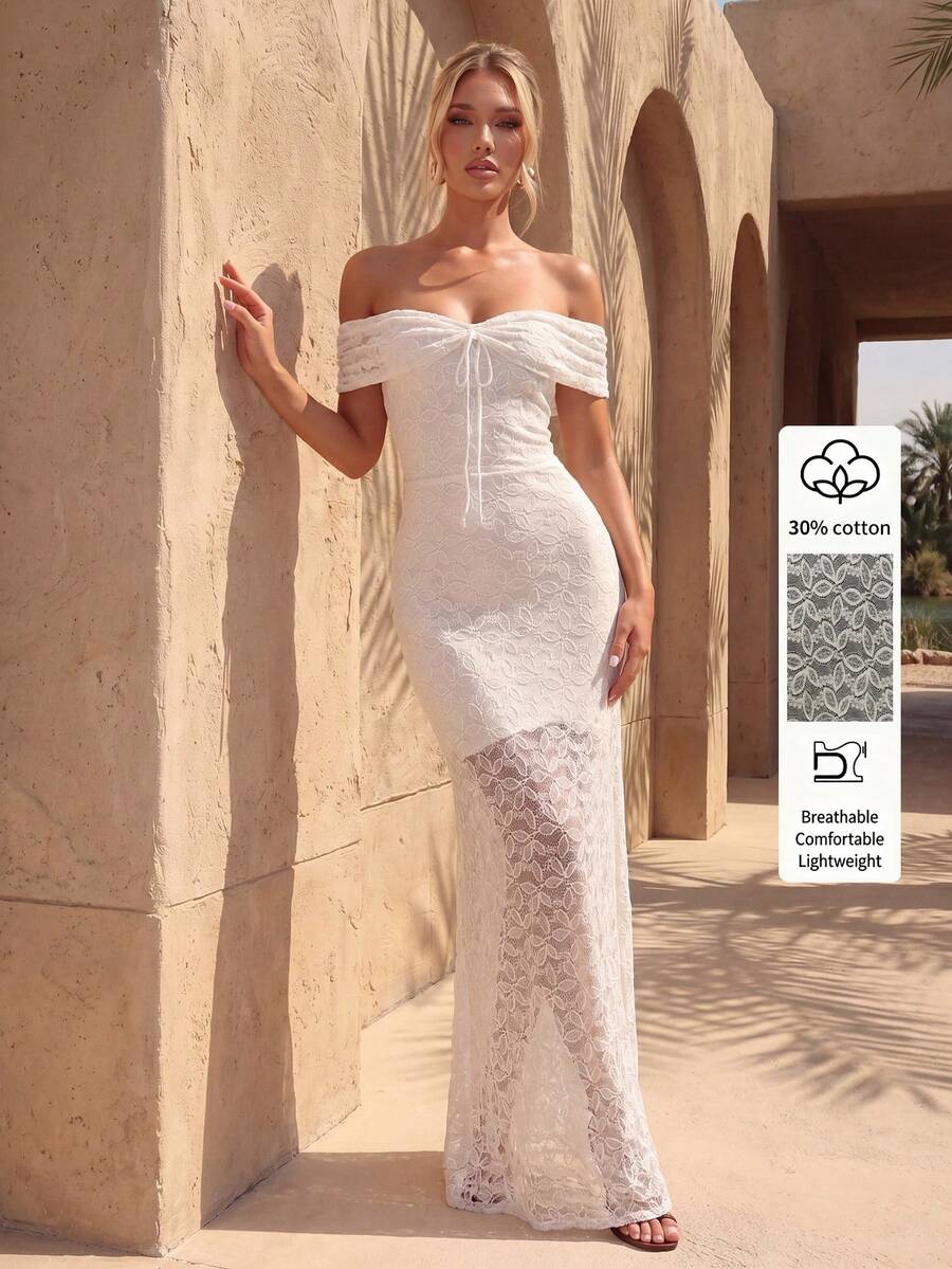 SHEIN Allurite Đầm ren cotton trắng thanh lịch cao cấp, trang phục dự tiệc, trang phục đi xem hòa nhạc, trang phục đi hộp đêm, trang phục hẹn hò, thời trang hoa, đầm hè nữ, đầm dự đám cưới, đầm lãng mạn, đầm hè, đầm thời trang, trang phục đi chơi, đầm trễ vai, trang phục sinh nhật, phong cách du lịch nghỉ dưỡng - trắng - Xem 1