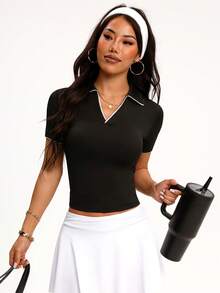 BamGleam Áo thun polo thể thao ôm sát tay ngắn cho nữ - màu đen - Xem 6