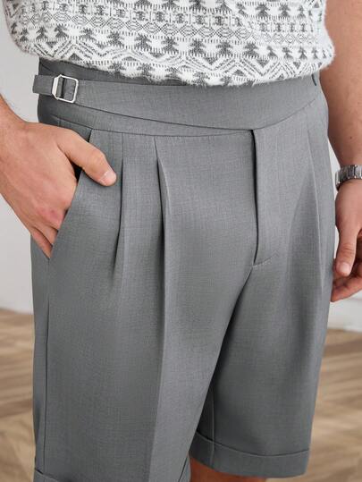 Core Aspect Men's Solid Color Pleated Pocket Casual Versatile Daily Wear Shorts/Men's Pleated Dress Shorts With Buckle Adjuster/Stylish Men's Casual Dress Shorts With Side Adjusters For Summer/Men's Dress Trousers