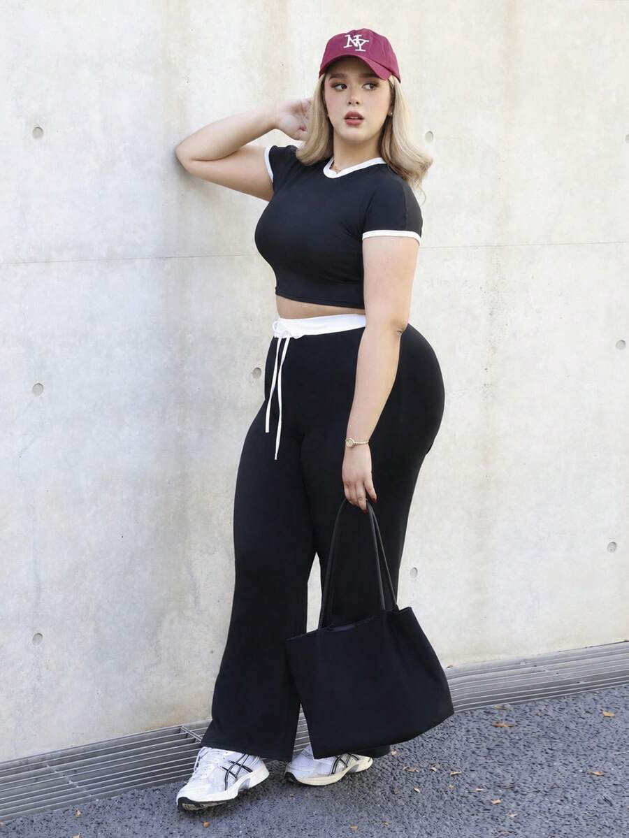 CHERRY TINTT SELECTION Conjunto de camiseta y pantalones de contraste de color negro y blanco, talla grande para mujer - Blanco y Negro - Ver 1