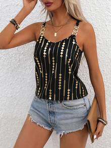 Penseblé Geometric Pattern Metallic Buckle Strap Tank Top Graphic Tees Women Tops - Black - View 3