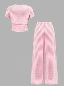 SHEIN Tween Girls' Casual Yellow White Striped Tank Top And Shorts Set,Comfortable&Minimalist Two Pieces Short Summer Clothes - Pink - View 2