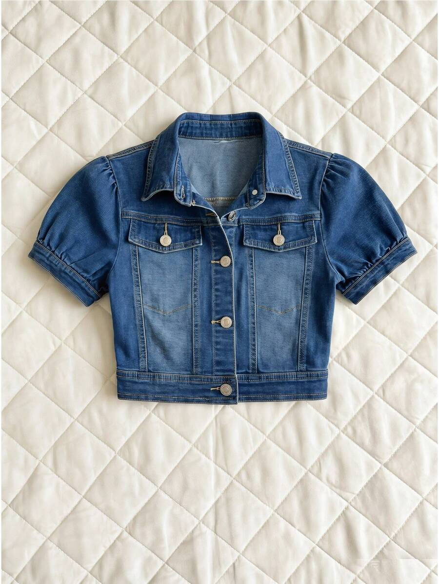 Elamini Women's Summer Casual Petal Sleeve Cropped Denim Jacket - Medium Wash - View 1