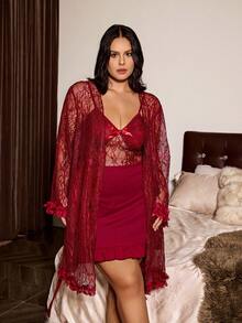 Slumberist 2pcs Sexy Lace Camisole & Robe Set, Elegant Sleepwear - Burgundy - View 3