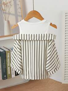 Elladie kids Children's Summer Striped Off-Shoulder Set,White Sweet Short Cardigan&Sleeveless Top For School,Back-To-School Fashionable Layered Outing Set - Apricot - View 3