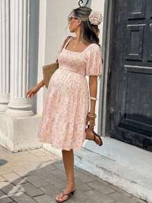 SHEIN Maternity Floral Print Shirred Casual Vacation Dress - Pink - View 11