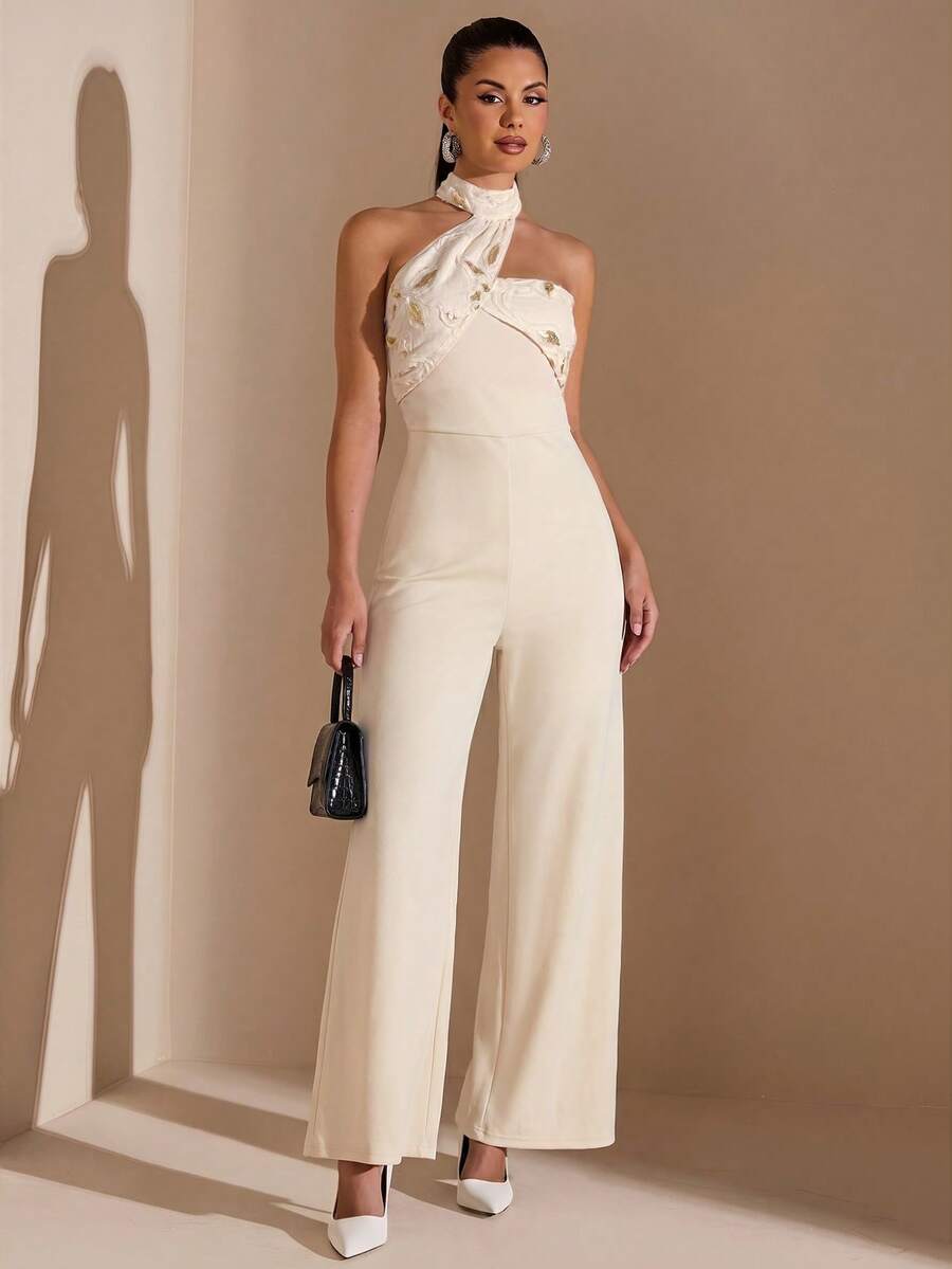 Silquee Women's White And Gold Floral Summer Dinner Day Party Jumpsuit, Black And Textured Asymmetrical Neckline Off-Shoulder Wide-Leg Jumpsuit For Party