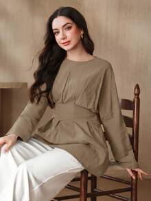 Graceveil Women's Elegant Commuter Solid Color Pleated Tie Waist Blouse - Apricot - View 6