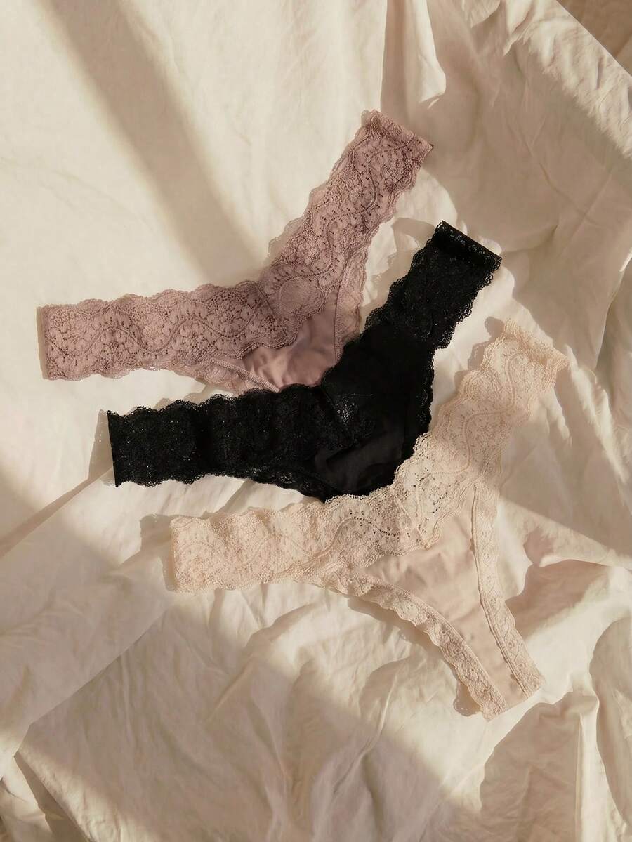 Lullawish 3 paquetes de tangas con encaje floral, lencería sexy - Multicolor - Ver 1
