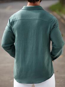 Manfinity CasualCool 男士純色素面休閒亞麻長袖領口襯衫，適合外出、秋季、正式場合 - 綠色 - 查看 2