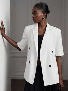 Aveloria Modichic Áo blazer công sở tay ngắn màu trơn, thanh lịch, kiểu dáng châu Âu và Mỹ, mùa xuân/hè, thời trang, đa năng, chất liệu giả vải lanh. - trắng - Xem 4