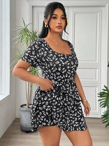 SHEIN EZwear 大码女式休闲碎花圆领短袖连体裤，夏季 - 彩色 - 查看 8