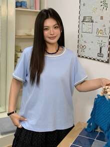 Dazy Plus Elegant Versatile Loose Fit Plus Size Blue Round Neck Patchwork Design T-Shirt For Women, Spring/Summer - Baby Blue - View 8