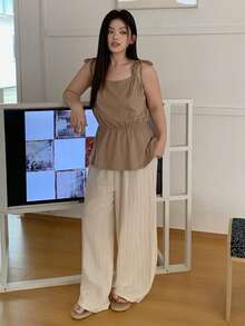 Dazy Plus 极简肩带条纹睡衣裤套装，休闲加大码女式春夏睡衣 - 卡其色 - 查看 7