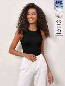 SHEIN BASICS 女款時尚百搭素色圓領細肩帶背心上衣，黑色女上衣 - 黑色 - 查看 4