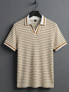 Manfinity Homme Men's Stylish Striped Knit Polo Shirt, White And Brown,Summer Smart Casual Short Sleeve Top,Breathable Vintage Old Money Retro For Vacation - Brown - View 3