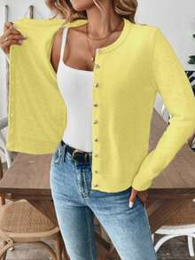 EMERY ROSE Women's Solid Color Single-Breasted Casual Versatile Daily Wear Long Sleeve Cardigan Everyday Soft Yellow Autumn - Yellow - View 3