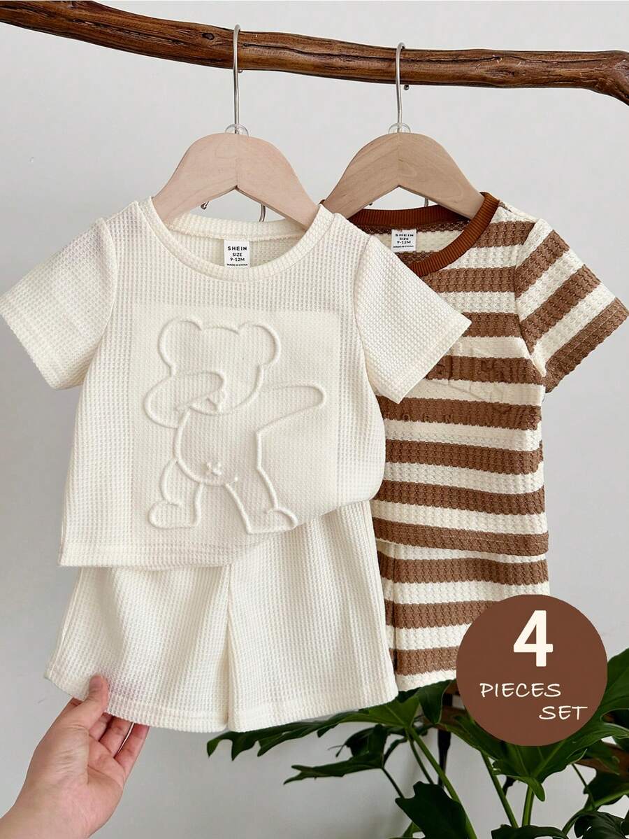 LMoss Kids Bộ 4 món áo thun và quần short dệt kim kẻ sọc trơn cho bé trai - Nhiều màu - Xem 1