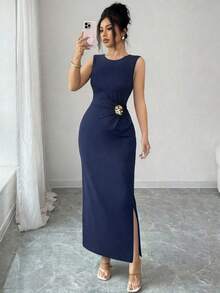 SHEIN Raffinéa Đầm không tay xẻ tà bên hông trang nhã đính kim loại dành cho nữ, thích hợp cho mùa hè. - Màu xanh lam - Xem 4