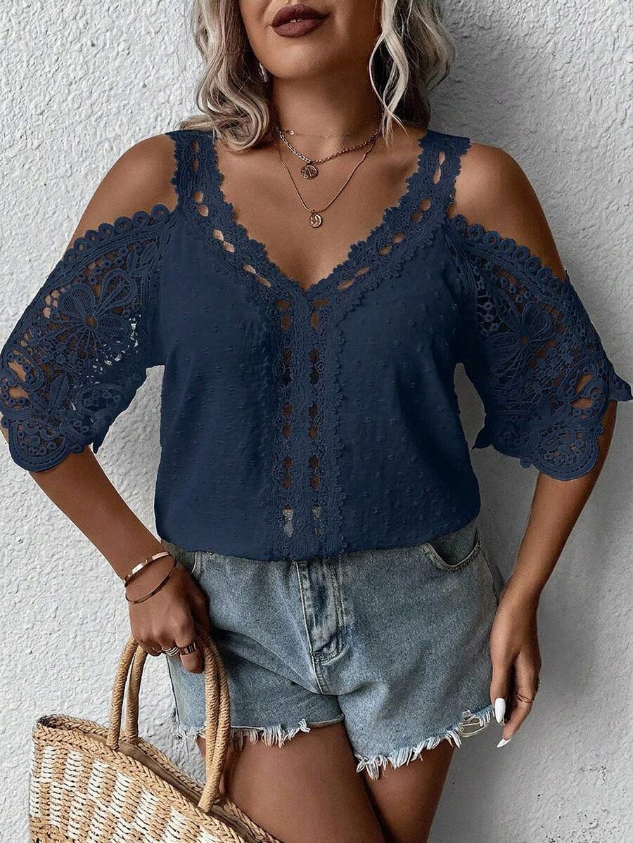 SHEIN Clasi Plus Size Women Solid Color Off-Shoulder Casual Versatile Daily Wear Blouse - Teal Blue - View 1