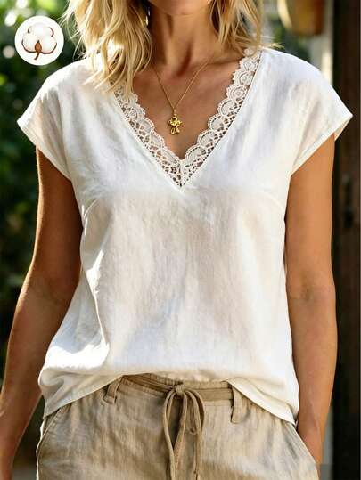 Zayélia White Origin Cotton V-Neck Ruffle Sleeve Casual Blouse For Women