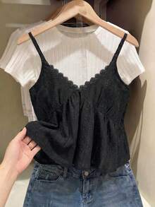SHEIN Frenchy 大码女式V领收腰纹理休闲百搭背心 - 黑色 - 查看 1