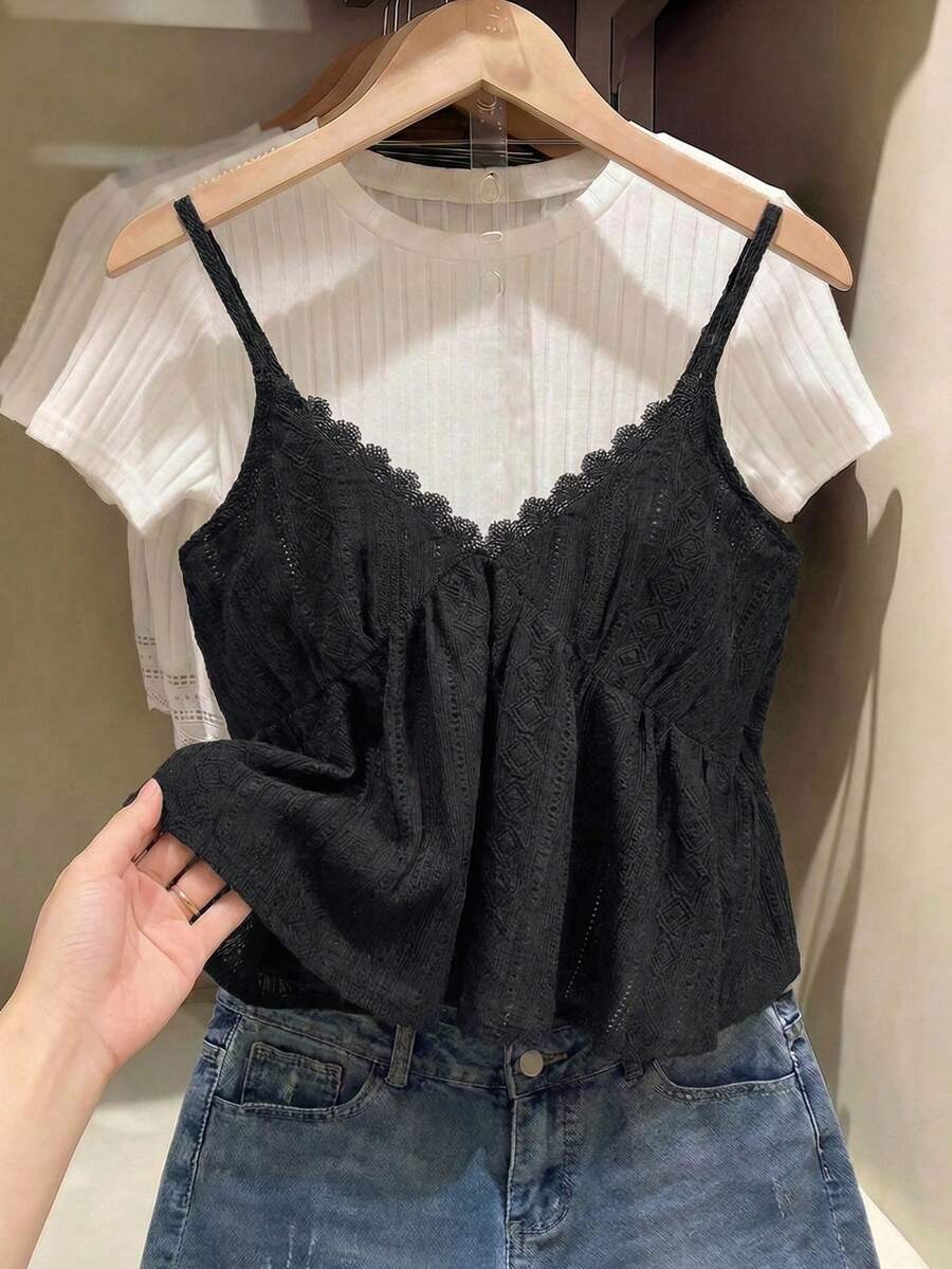 SHEIN Frenchy 大码女式V领收腰纹理休闲百搭背心 - 黑色 - 查看 1