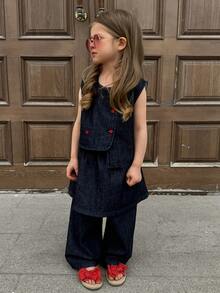 Dazy Kids Conjunto de 3 piezas de falda vaquera sin mangas con hombros descubiertos, conjunto de ropa linda de contraste de color para niñas (talla pequeña) - Azul Marino - Ver 7