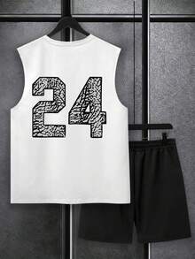 Manfinity Homme Conjunto de camiseta de tirantes y pantalones cortos con estampado de número de Chicago para hombre, vacaciones - Negro - Ver 2