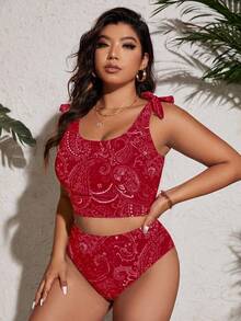 Slaydiva Bộ đồ bơi tankini cỡ lớn dành cho nữ, gồm áo tankini in họa tiết toàn thân và quần tankini tam giác, thích hợp cho kỳ nghỉ hè. - Đỏ - Xem 6