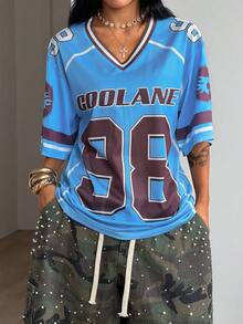 Coolane 女士夏季街头风外出休闲运动印花透气网眼宽松针织T恤 - 藍色 - 查看 5
