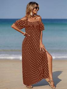 Breezaya Gaun Wanita Motif Polkadot dengan Hiasan Ruffle dan Belahan Tinggi di Bahu, Cocok untuk Liburan di Pantai - MultiWarna - View 5