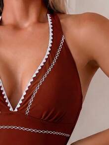 Swim Lushoire Women's Embroidered Trim Sexy Boho Casual V-Neck Halter One-Piece Swimsuit For Beach Vacation White Summer - Burgundy - View 5