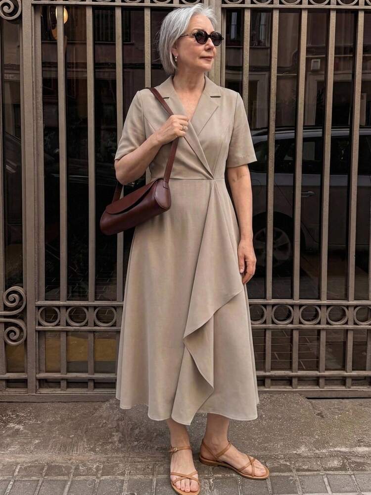 Women's Simple Commuter Solid Color Flat Collar Short Sleeve Mid-Length Dress, Summer Sun Dresses For Women