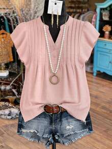 EMERY ROSE Plus Size Versatile Ruffle Sleeve Textured Fabric Shirt - Pink - View 3