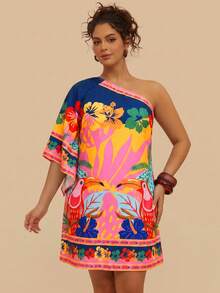 vachic Vestido casual elegante de manga corta con hombro asimétrico y estampado tropical de plantas, suelto, adecuado para salidas y vacaciones en primavera/verano, talla grande para mujeres - Multicolor 2 - Ver 9