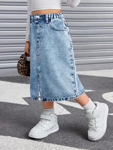 SHEIN Váy ngắn denim có túi thời trang cho bé gái - Rửa nhẹ - Xem 6